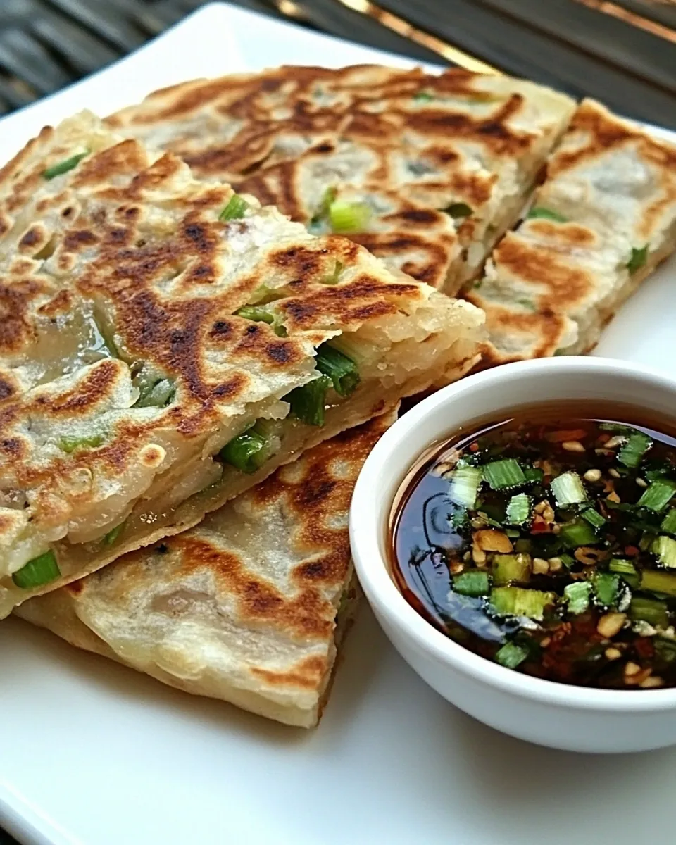 Easy Scallion Pancakes with Ginger Dipping Sauce food shot