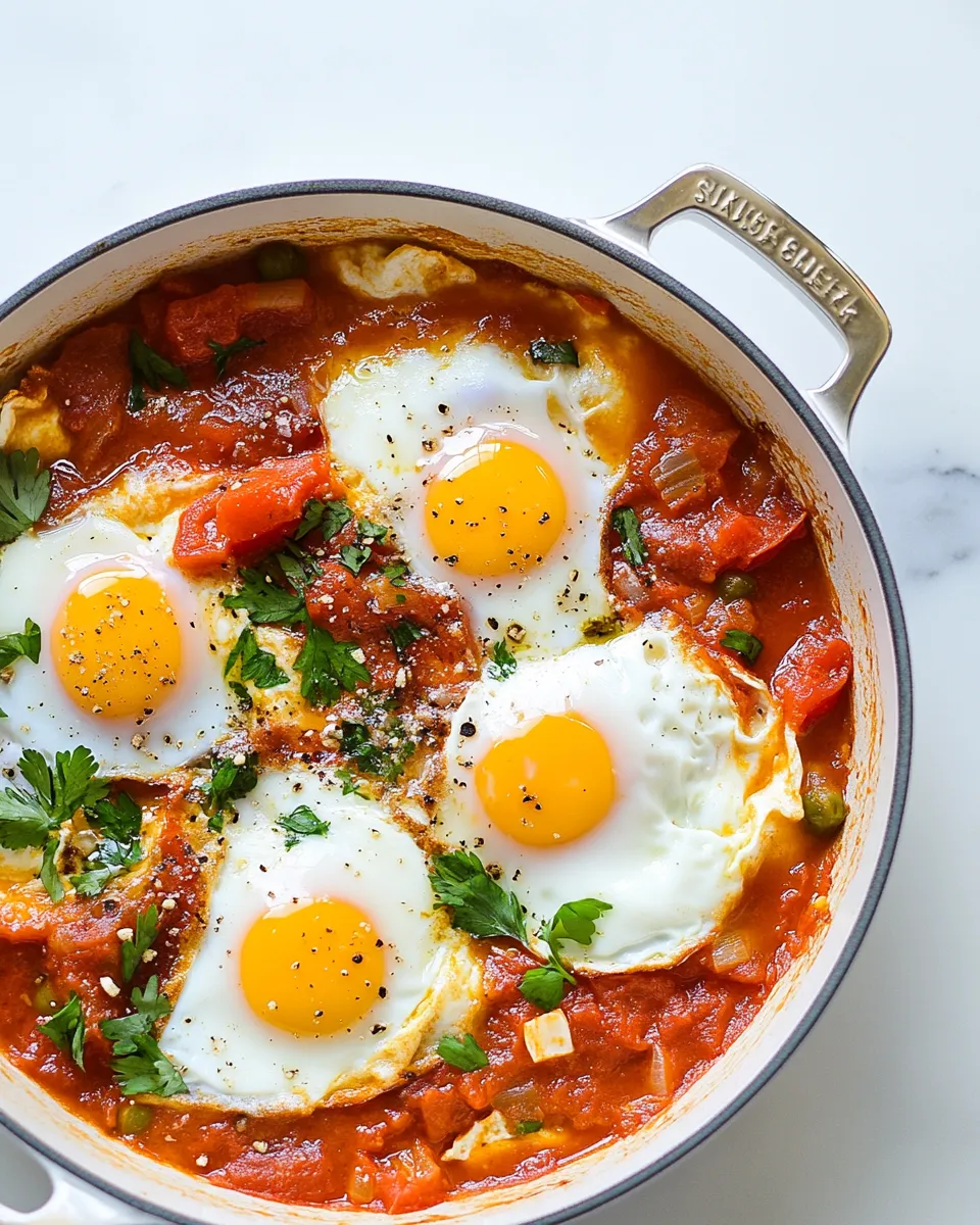 Easy Shakshouka (Poached Eggs in Spicy Tomato Sauce) food shot