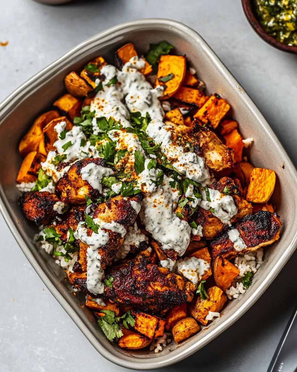 Homemade Sheet Pan Chicken Tzatzikiand Sweet Potatoes. recipe photo