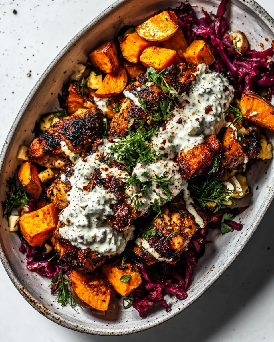 Classic Sheet Pan Chicken Tzatzikiand Sweet Potatoes. food shot