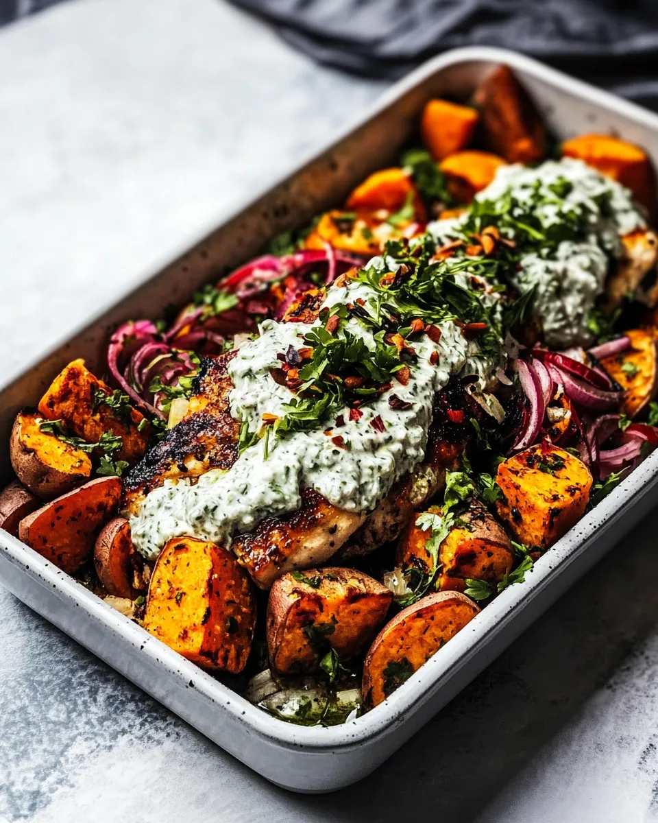 Delicious Sheet Pan Chicken Tzatzikiand Sweet Potatoes. plate image