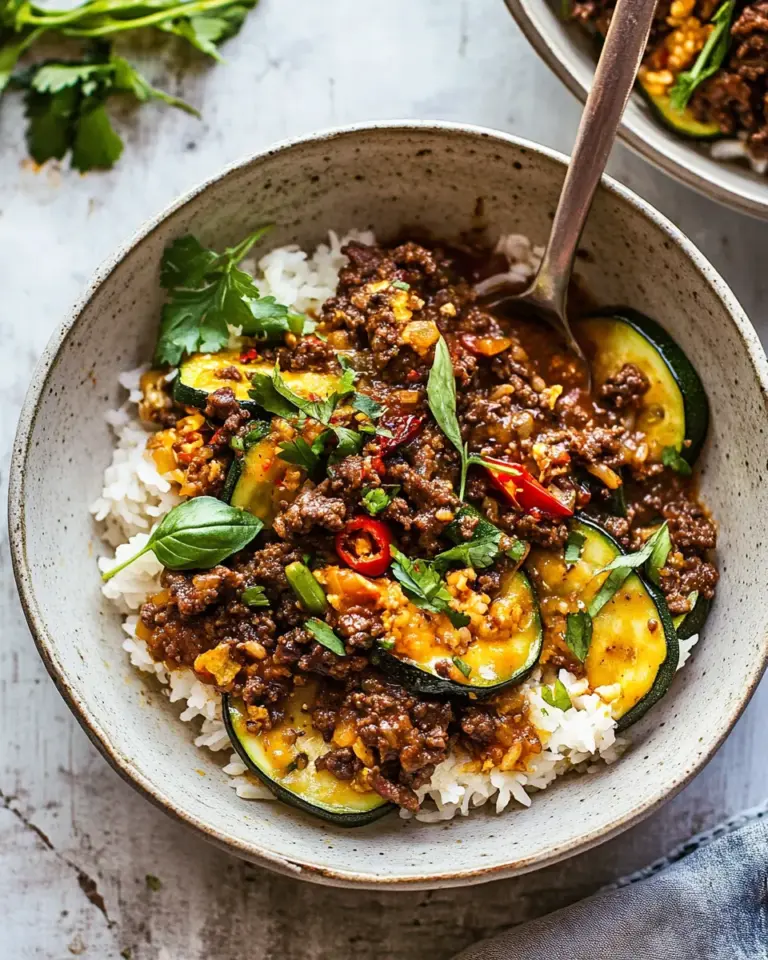 Homemade Sheet Pan Chili Crisp Beef Zucchini Rice Bowls. recipe photo