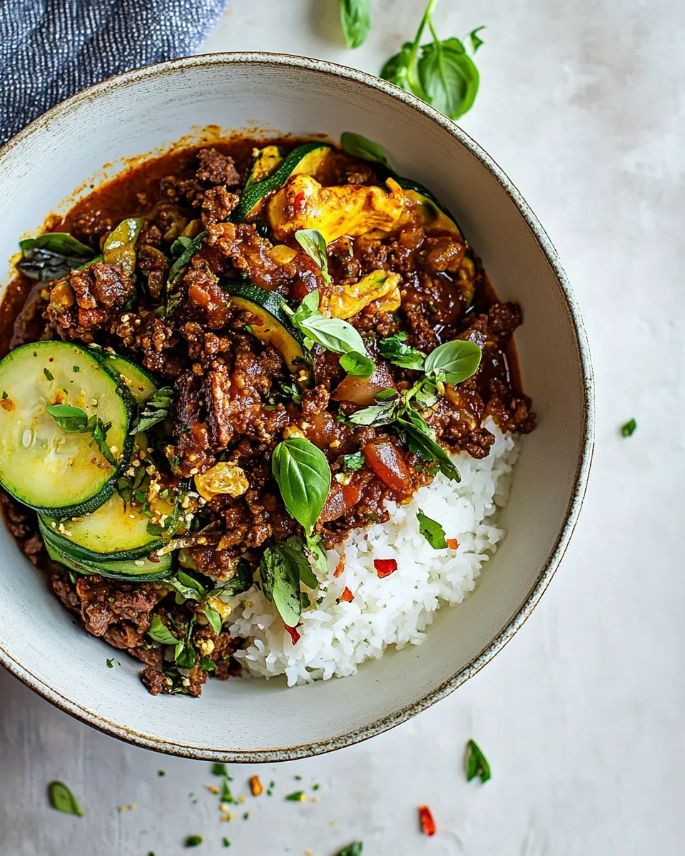 Classic Sheet Pan Chili Crisp Beef Zucchini Rice Bowls. dish photo