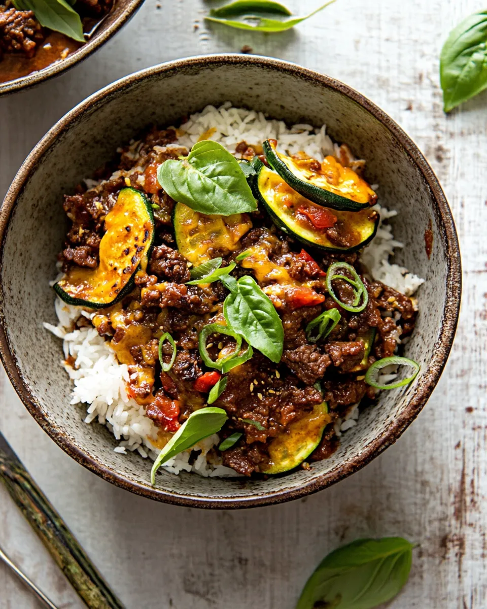 Easy Sheet Pan Chili Crisp Beef Zucchini Rice Bowls. food shot