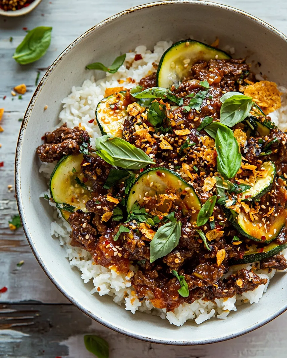 Delicious Sheet Pan Chili Crisp Beef Zucchini Rice Bowls. plate image