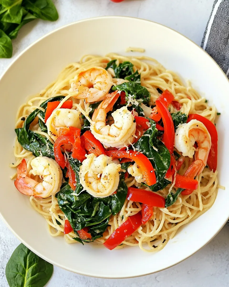 Delicious Shrimp Scampi with Peppers and Spinach food shot