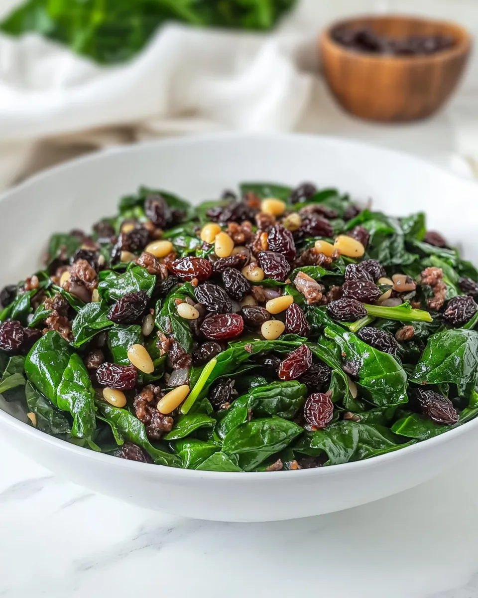 Homemade Spinach with Olives Raisins and Pine Nuts recipe photo