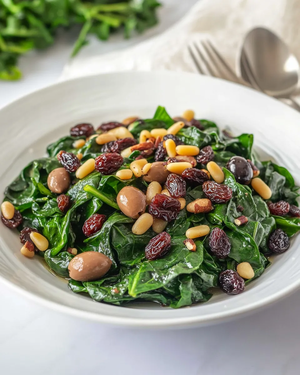 Easy Spinach with Olives Raisins and Pine Nuts food shot