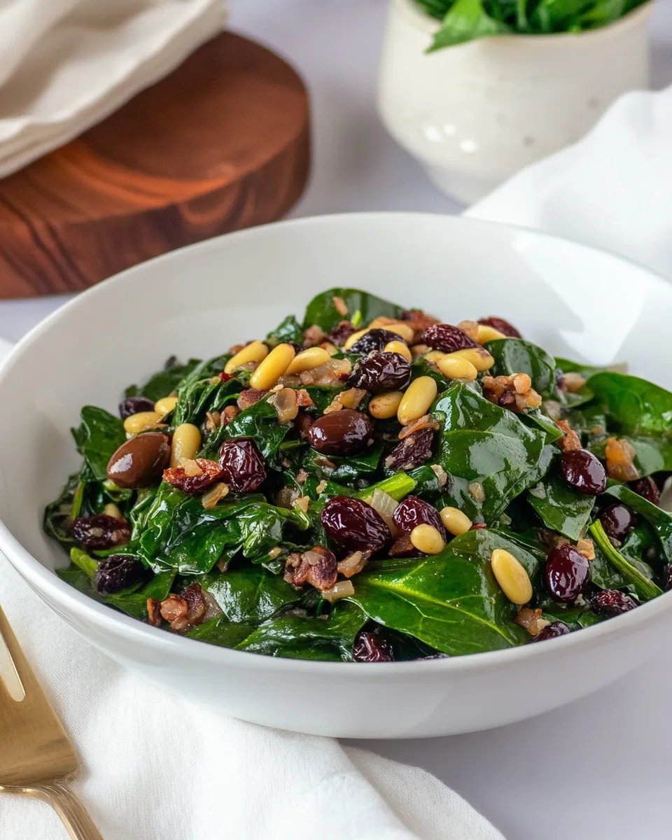 Delicious Spinach with Olives Raisins and Pine Nuts plate image