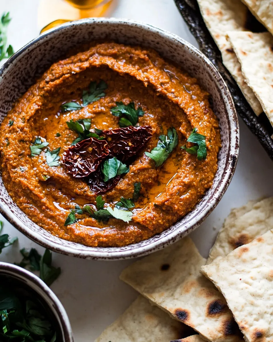 Classic Sun-Dried Tomato Muhammara (Roasted Red Pepper Spread). food shot