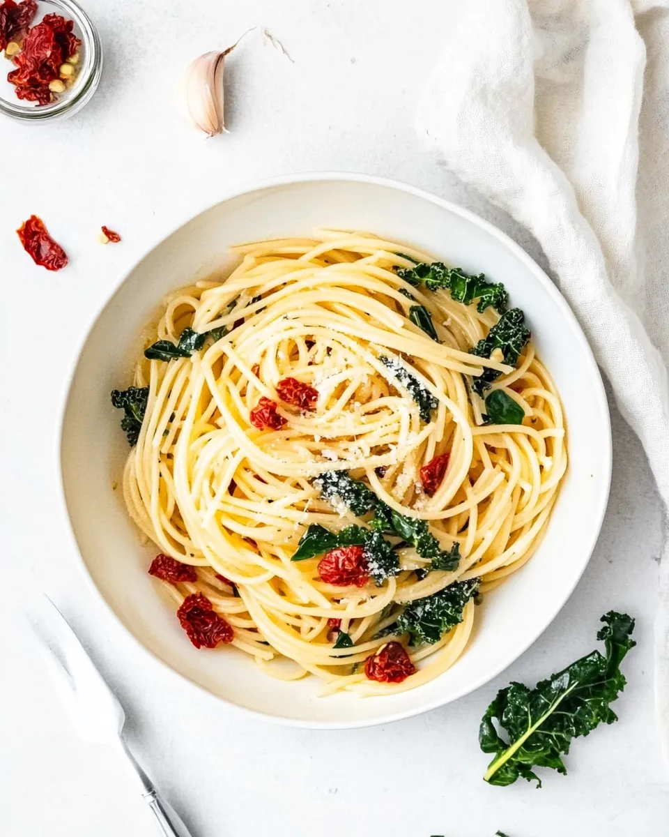 Easy Sun dried Tomato and Kale Pasta food shot