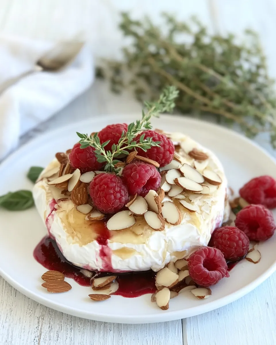Easy Toasted Almond Raspberry Baked Brie food shot