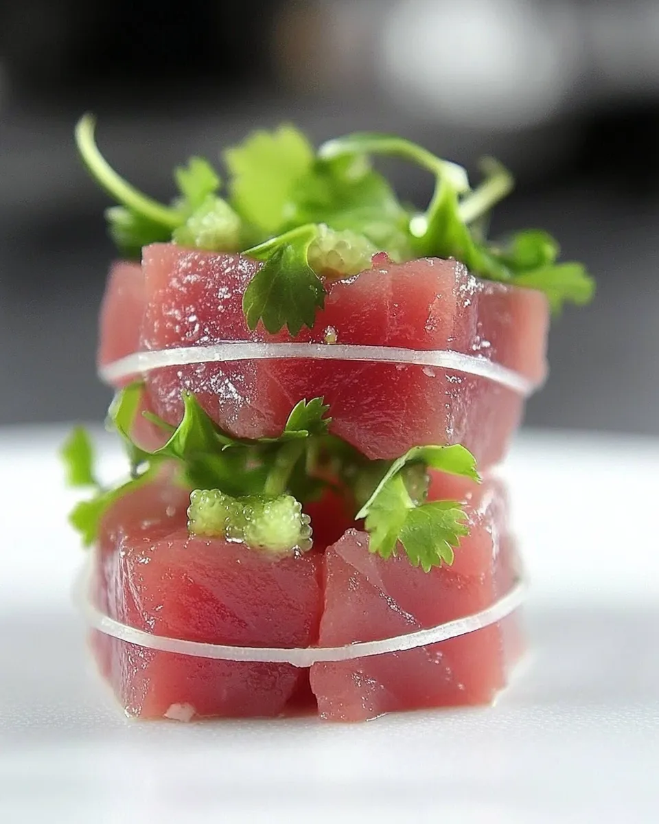 Delicious Tuna Sashimi with Yuzu Dressing & Baby Coriander shot