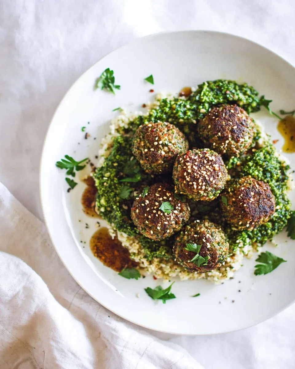 Homemade Vegan Eggplant Meatballs with Zaatar & Kale Pesto recipe photo