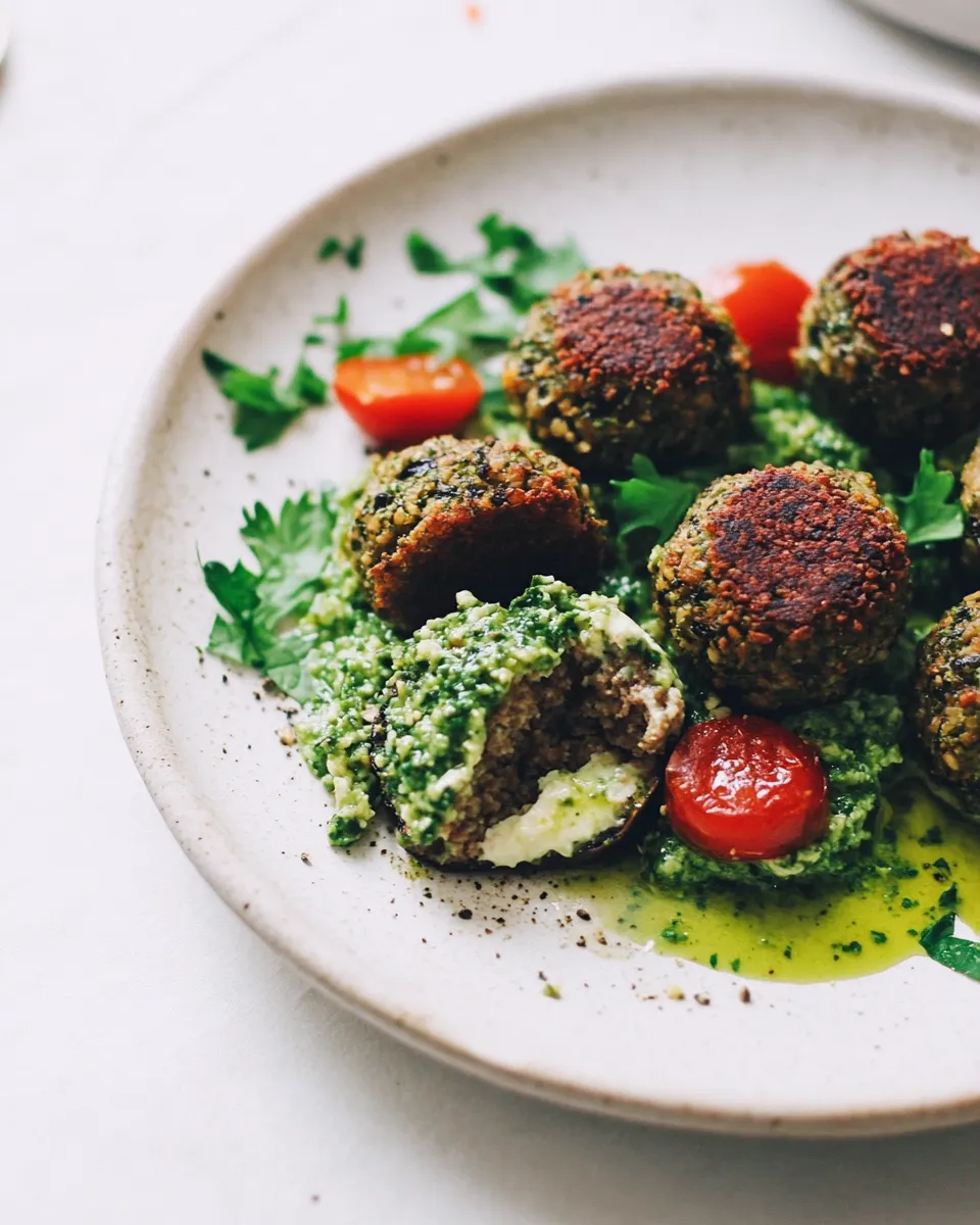 Easy Vegan Eggplant Meatballs with Zaatar & Kale Pesto food shot