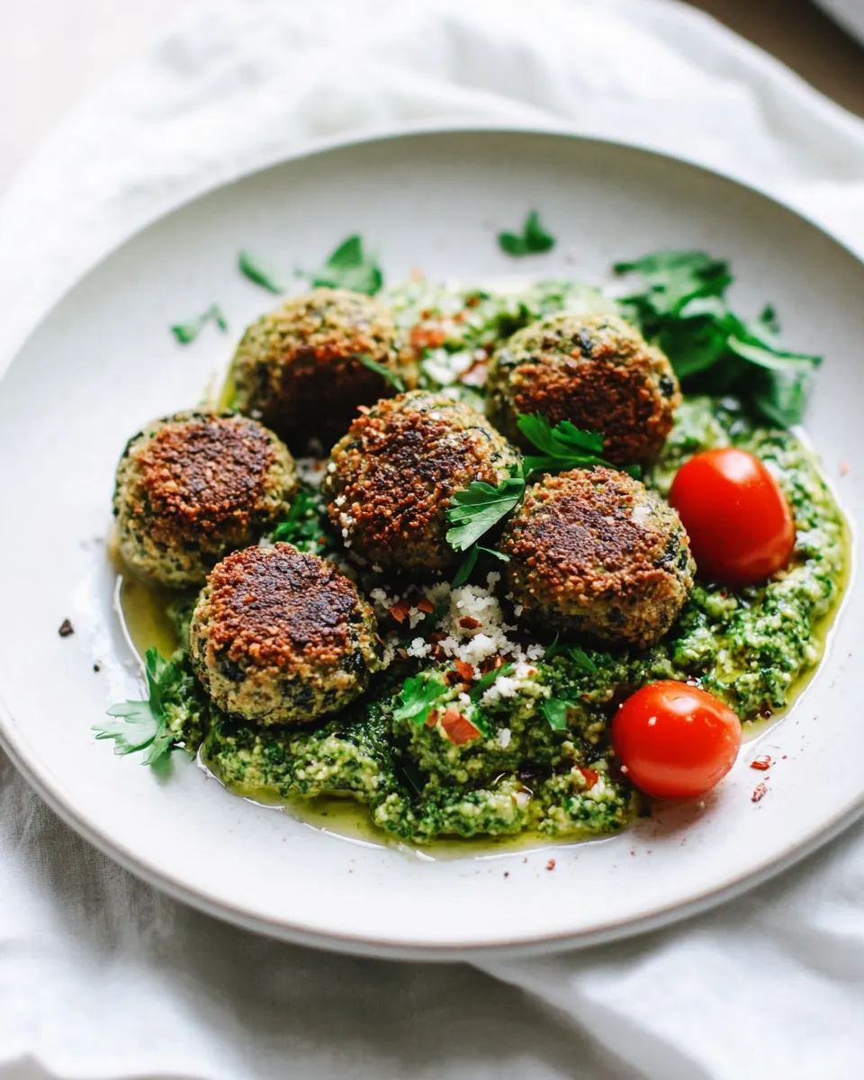 Delicious Vegan Eggplant Meatballs with Zaatar & Kale Pesto plate image