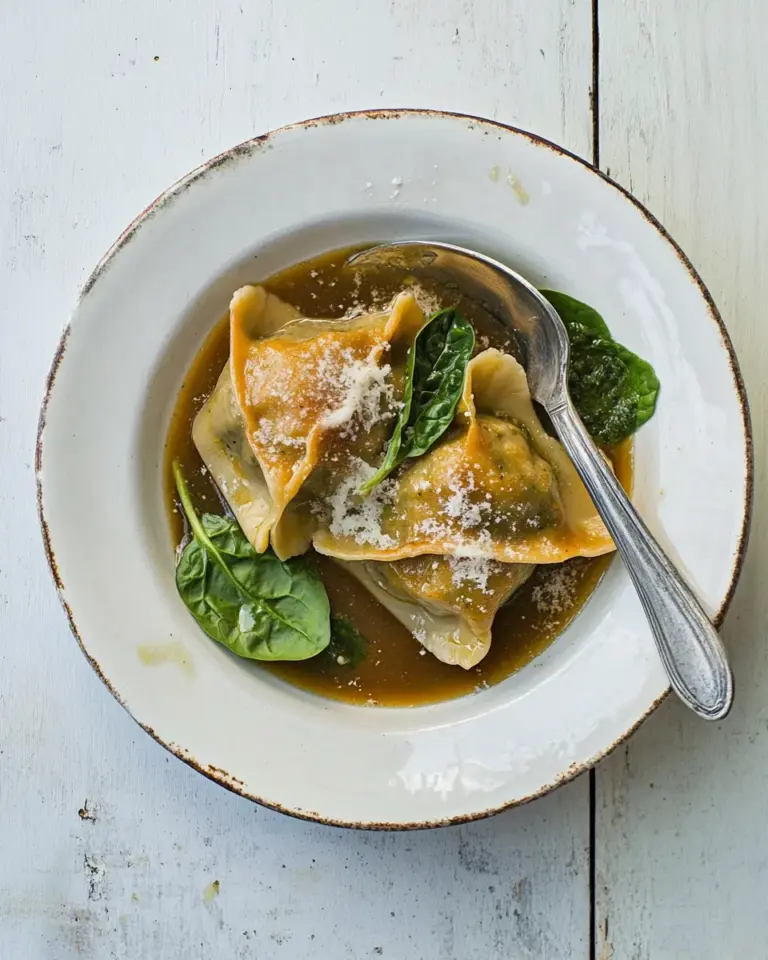 Homemade spinach & ricotta dumplings in vegan umami broth photo