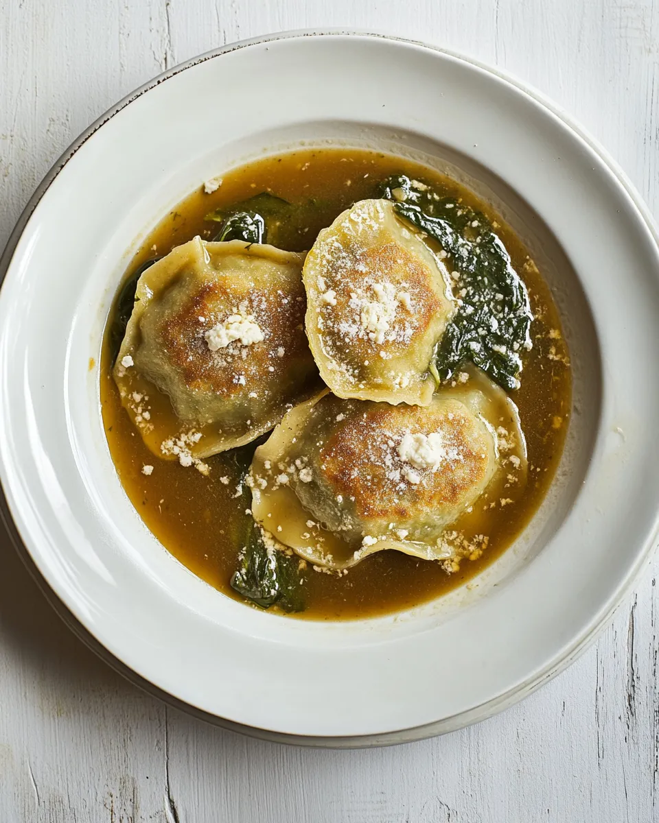Easy spinach & ricotta dumplings in vegan umami broth recipe photo