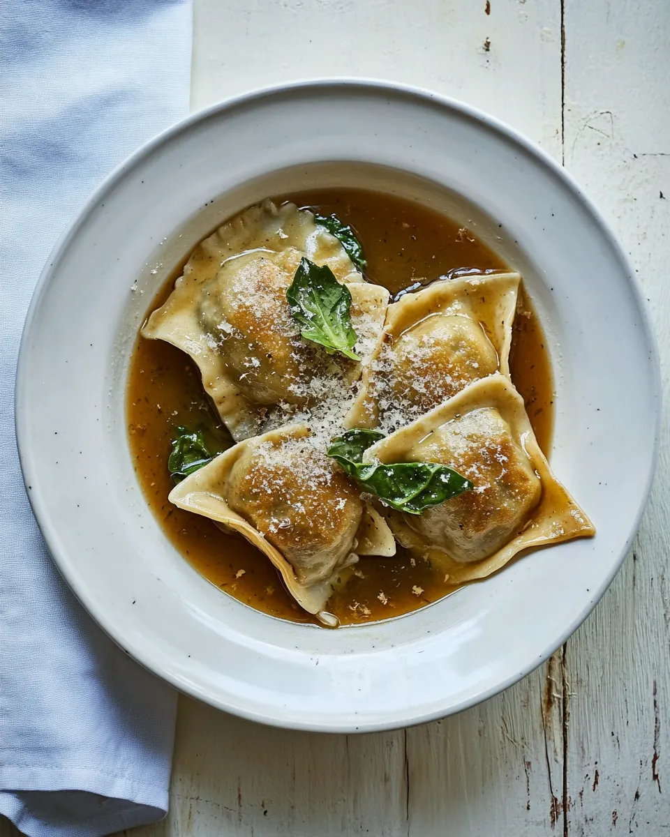 Delicious spinach & ricotta dumplings in vegan umami broth dish photo